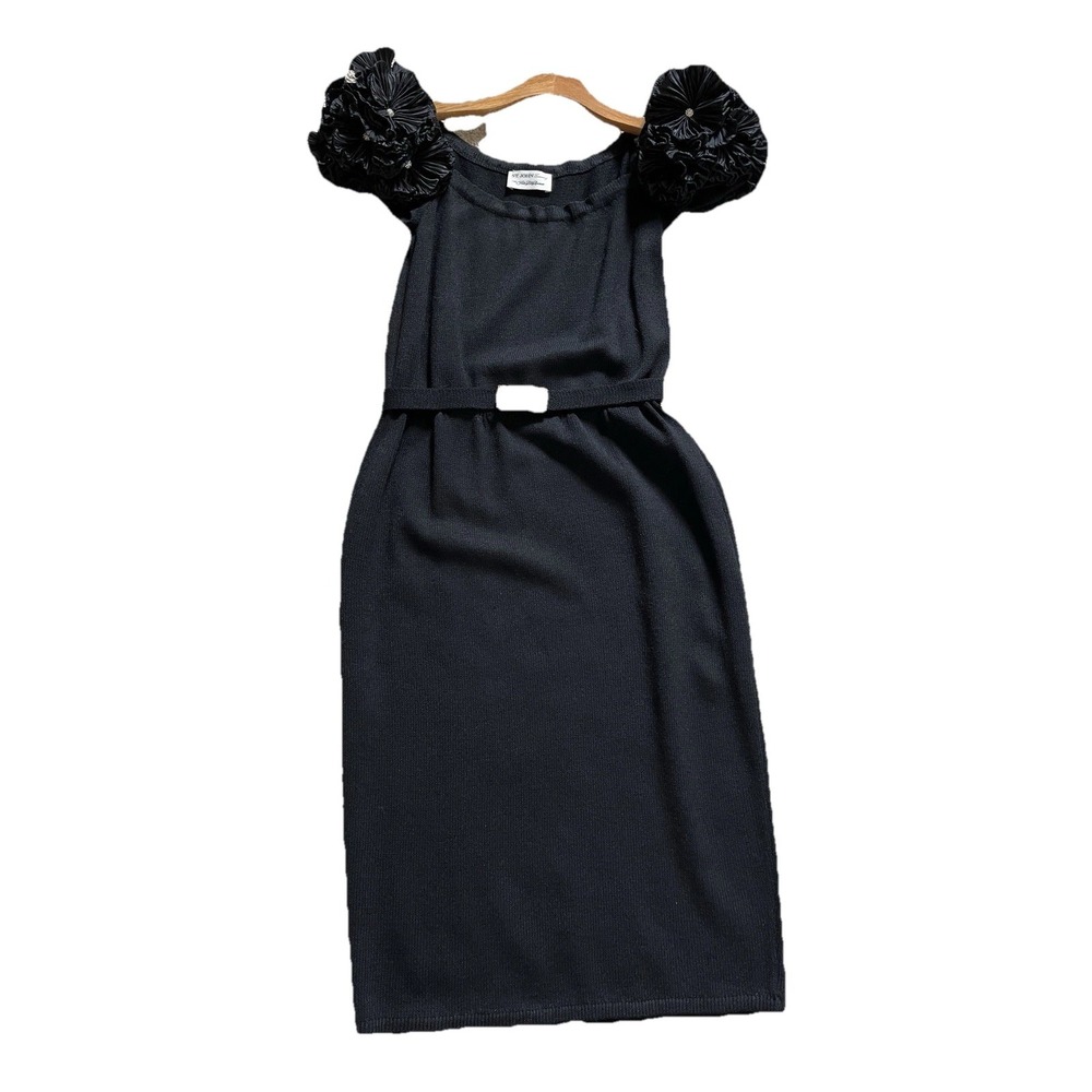 St John Black Knit Midi Capped Floral Black Old money Classic Dress 4‎ Small